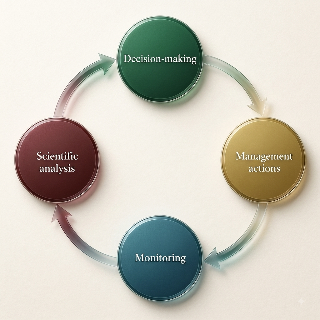 Adaptive management cycle connecting decision-making, management actions, monitoring, and scientific analysis.