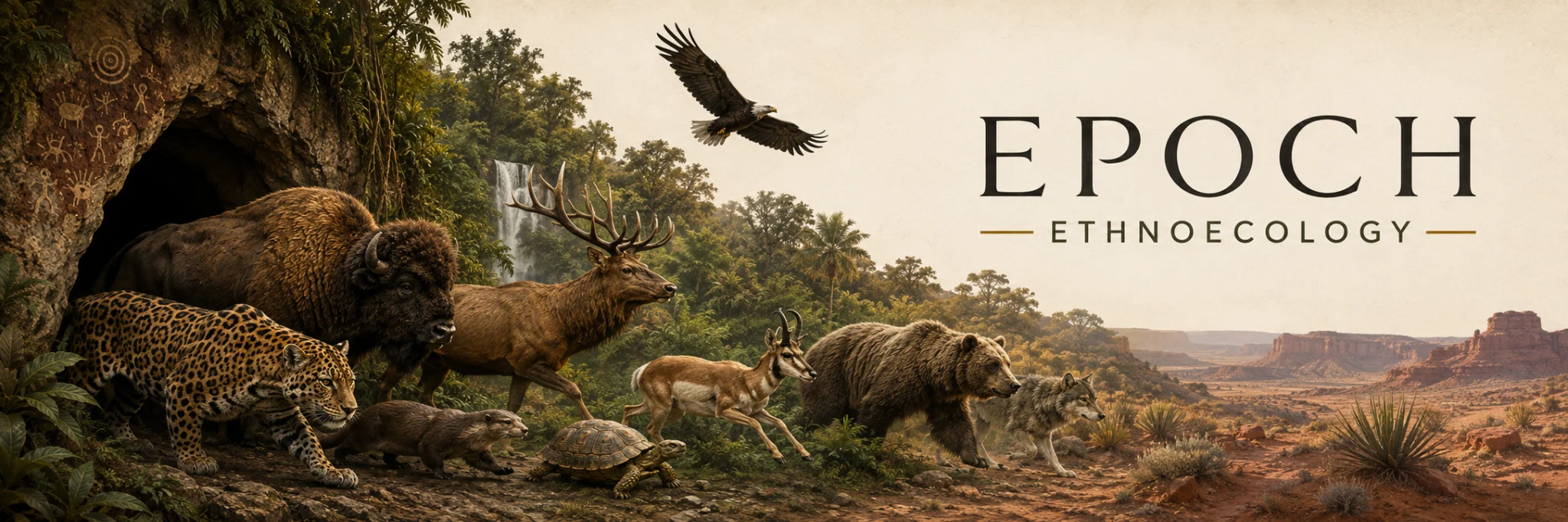 Epoch EthnoEcology banner showing wildlife emerging from a cave across forest, woodland, and desert landscapes