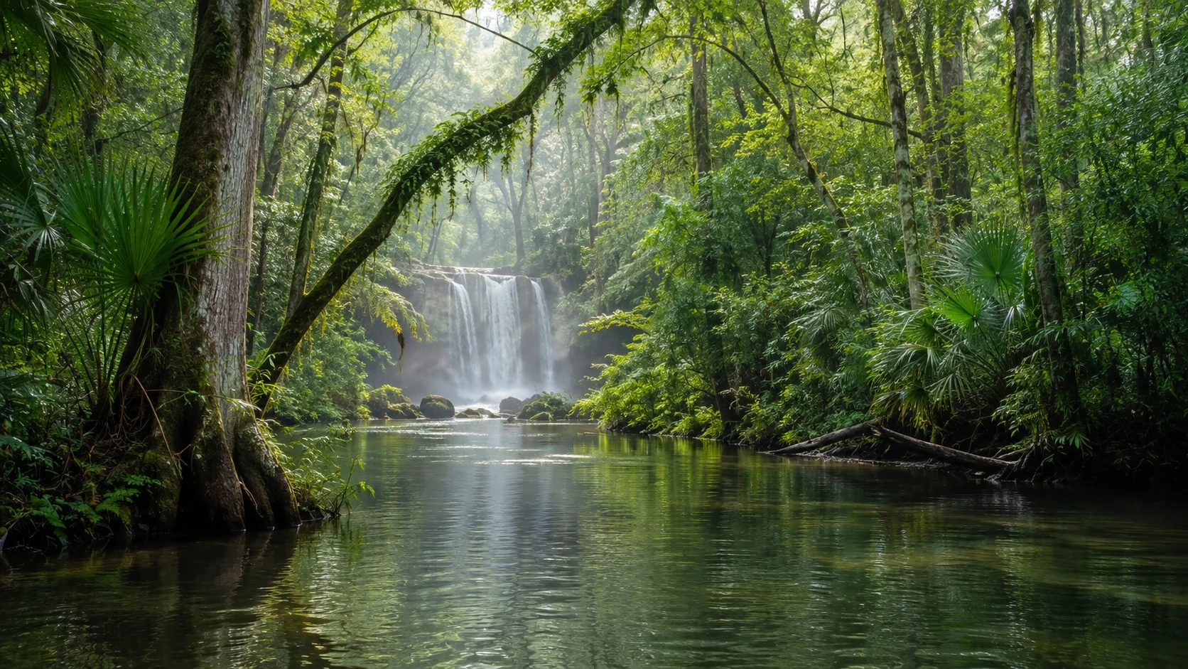 Forested river and waterfall