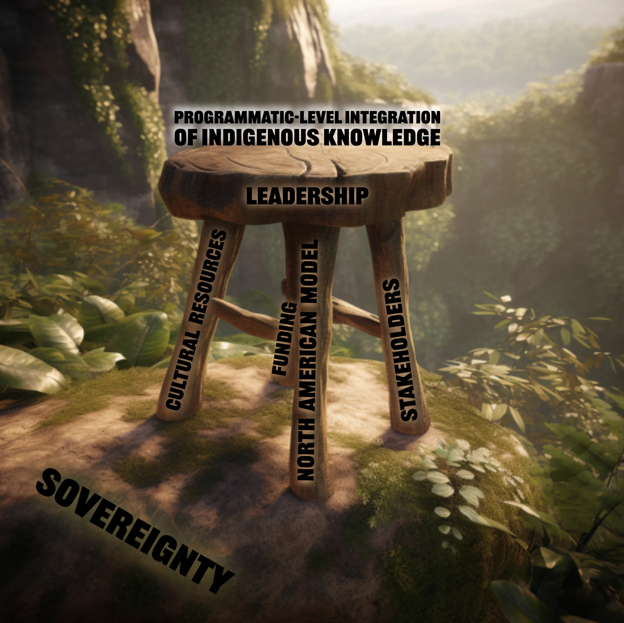 Conceptual Indigenous Knowledge Support Model showing sovereignty as the foundation and cultural resources, funding, stakeholders, management institutions, and leadership as supports for programmatic integration.